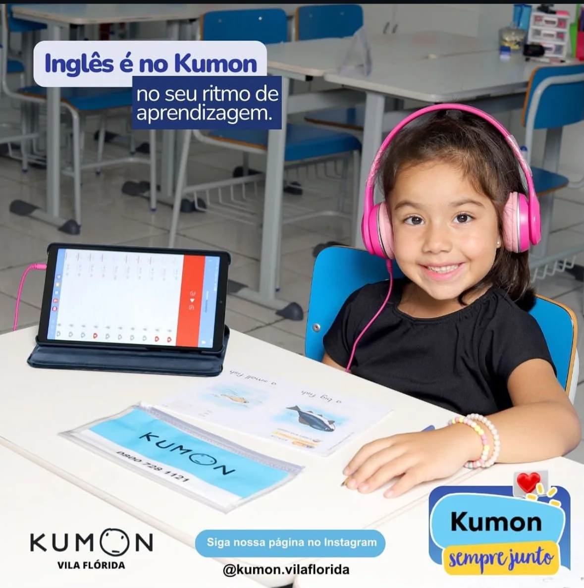 Aluna estudando inglês com o material digital do Kumon Vila Flórida